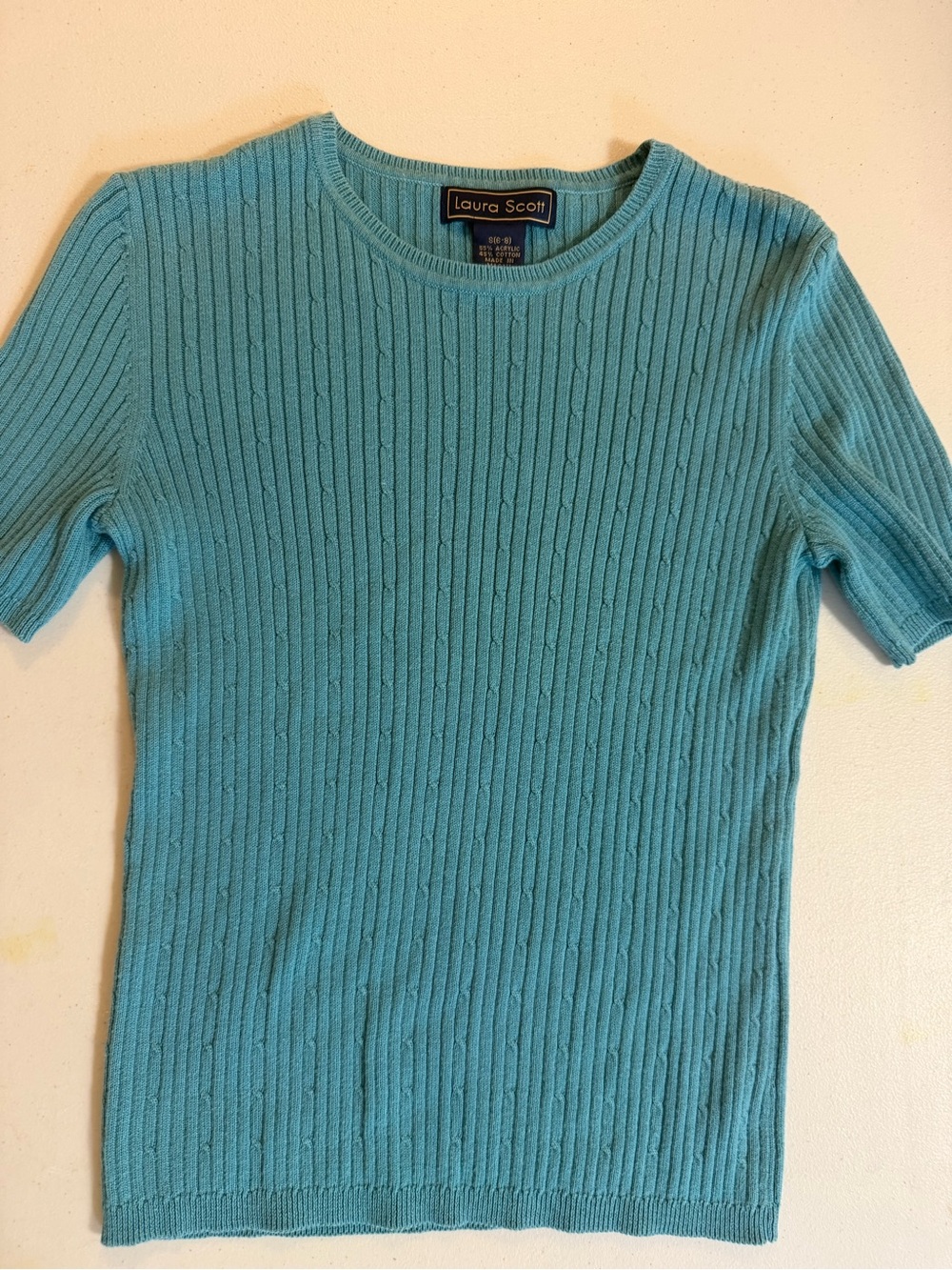 Laura Scott Turquoise Ribbed Short-Sleeve Crew Sweater